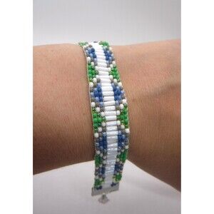 Loom Beaded Bracelet White, Blue and Green